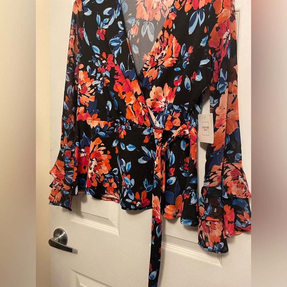 PerSeption Concept Black Wrap Blouse with Orange and Blue Floral Print - Picture 3 of 7